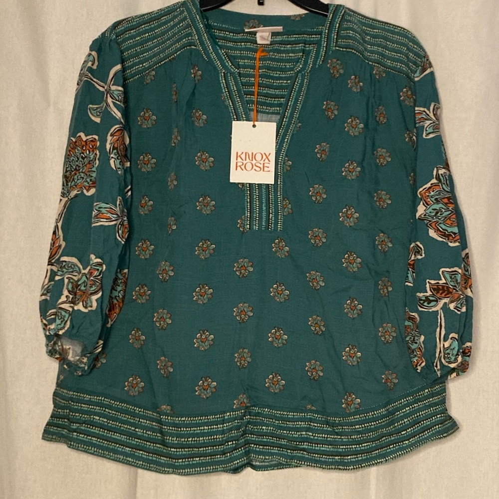 NWT Knox Rose Size Small Teal Blouse with Floral Pattern